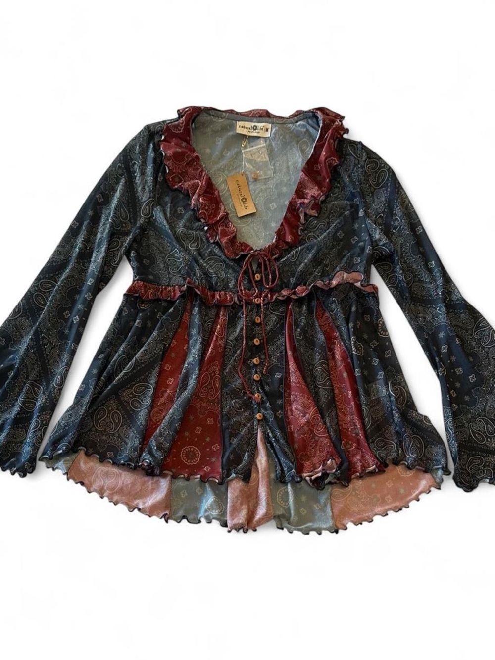 Natural Life Sierra Bandana Paisley Mesh Ruffle Boho Babydoll Button Up Top NWT - Picture 4 of 8